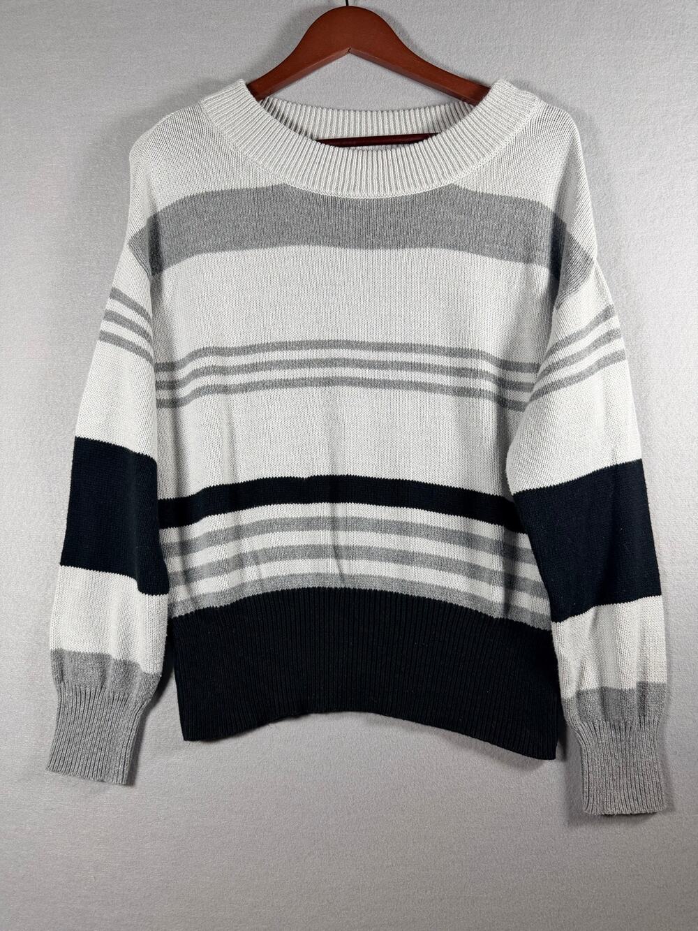 Lucky Brand Womens Striped Pullover Sweater Small White Gray Black Drop Shoulder